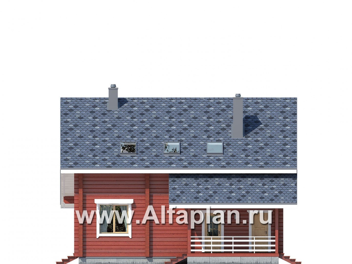 Проект двухэтажного дома из бруса, планировка с кабинетом и с двумя террасами, в современном стиле - фасад дома