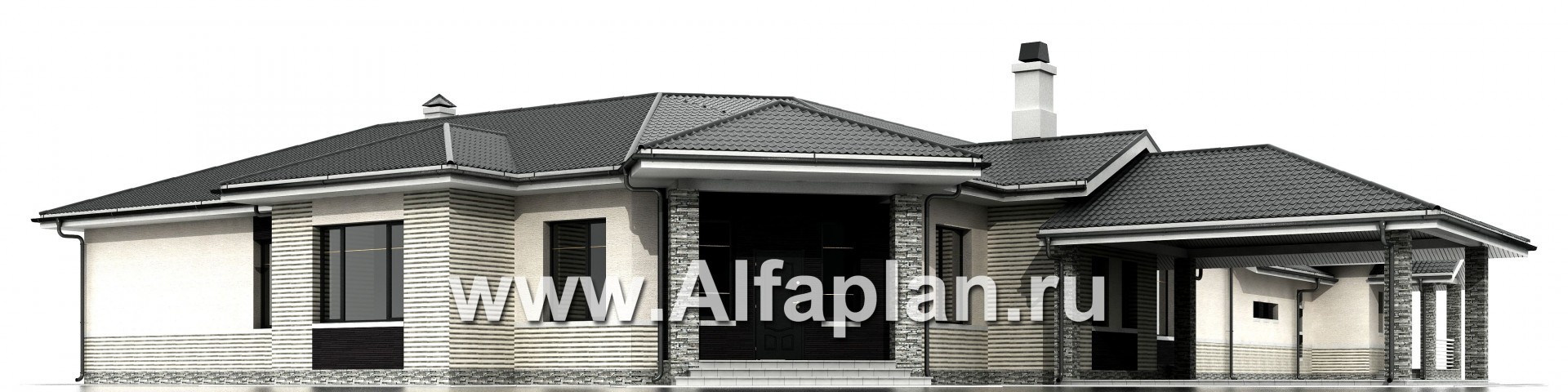 Проекты домов Альфаплан - «Модуль» — проект одноэтажного дома, со спортзалом и сауной, с бассейном и гостевой квартирой - изображение фасада №1