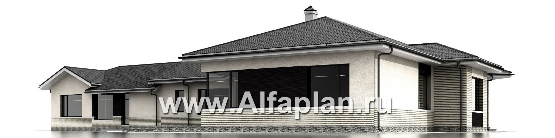 Проекты домов Альфаплан - «Модуль» — проект одноэтажного дома, со спортзалом и сауной, с бассейном и гостевой квартирой - изображение фасада №3