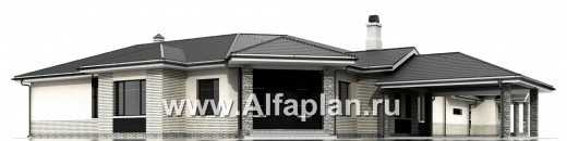 Проекты домов Альфаплан - «Модуль» — проект одноэтажного дома, со спортзалом и сауной, с бассейном и гостевой квартирой - превью фасада №1