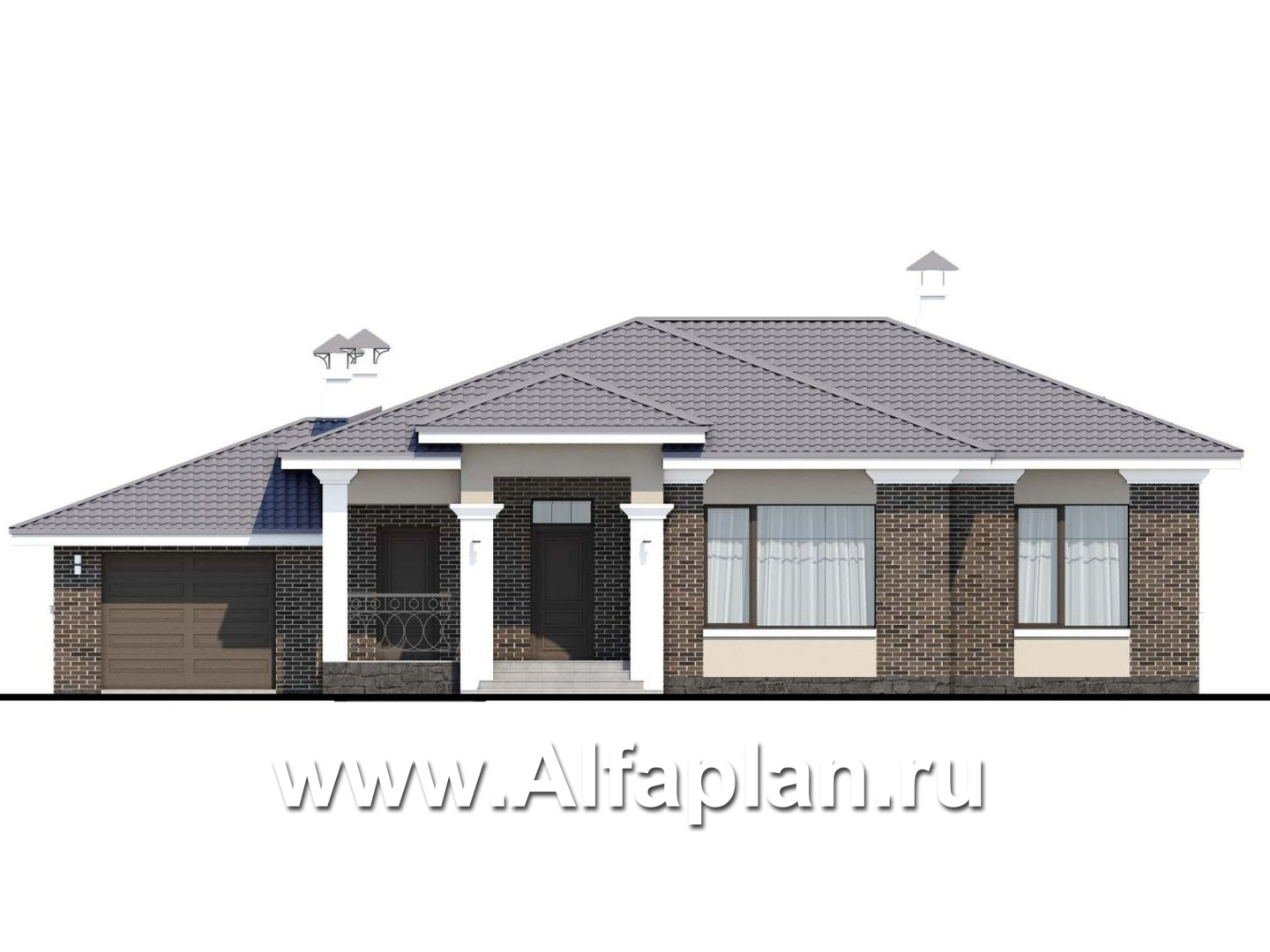 Проекты домов Альфаплан - «Жасмин» - проект одноэтажного дома в классическом стиле, с гаражом - изображение фасада №1