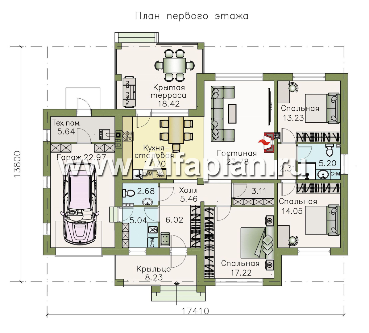 Проекты домов Альфаплан - «Жасмин» - проект одноэтажного дома в классическом стиле, с гаражом - изображение плана проекта №1