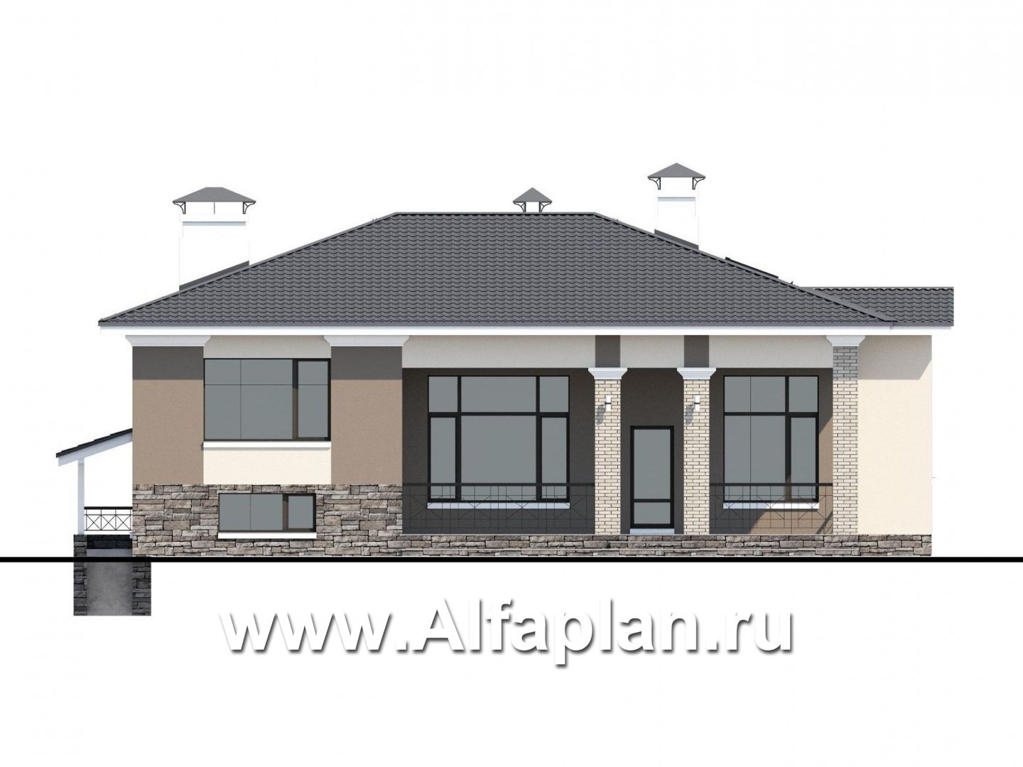 Проекты домов Альфаплан - «Суверен» - полутораэтажный коттедж с небольшим цоколем и мансардой - изображение фасада №4