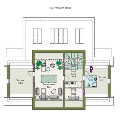 Проекты домов Альфаплан - «Поместье» - проект двухэтажного дома, с мансардойи двусветной гостиной, вилла в классическом стиле - превью плана проекта №4