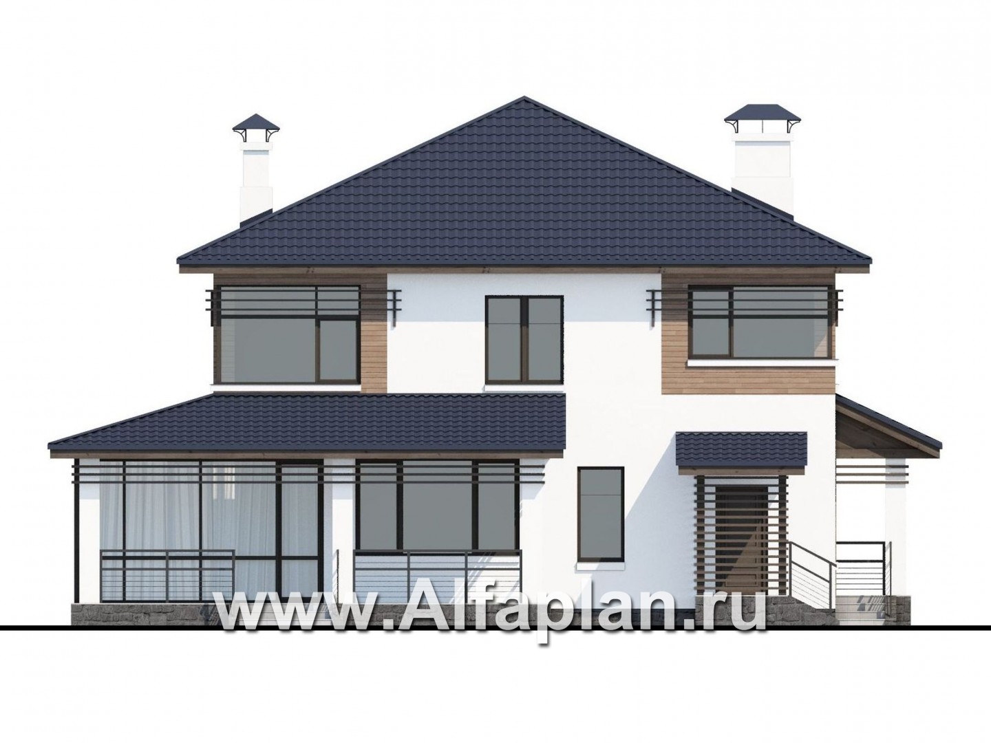 Проекты домов Альфаплан - «Рассвет»- коттедж с большой верандой и  красивыми угловыми окнами - изображение фасада №4