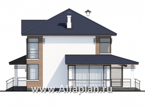 Проекты домов Альфаплан - «Рассвет»- коттедж с большой верандой и  красивыми угловыми окнами - превью фасада №2