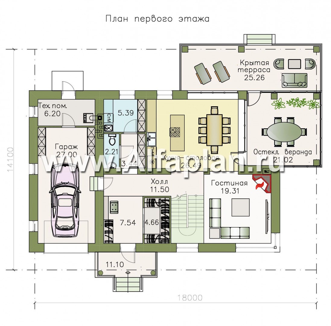 Проекты домов Альфаплан - «Рассвет» - коттедж с эффектными угловыми окнами, гаражом и верандой - план проекта №1