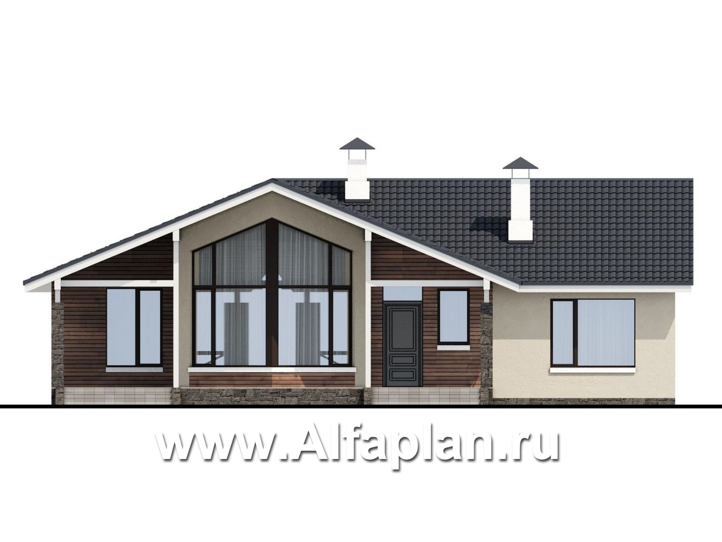 Проекты домов Альфаплан - «Яркий мир» - проект одноэтажного дома, с панорамным эркером, с просторной террасой - изображение фасада №1