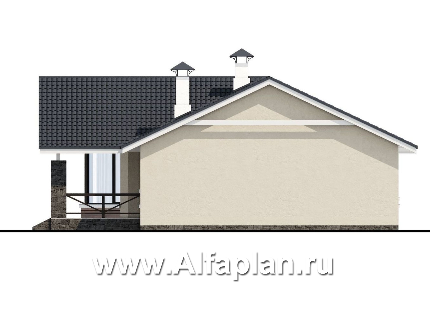 Проекты домов Альфаплан - «Яркий мир» - проект одноэтажного дома, с панорамным эркером, с просторной террасой - изображение фасада №2