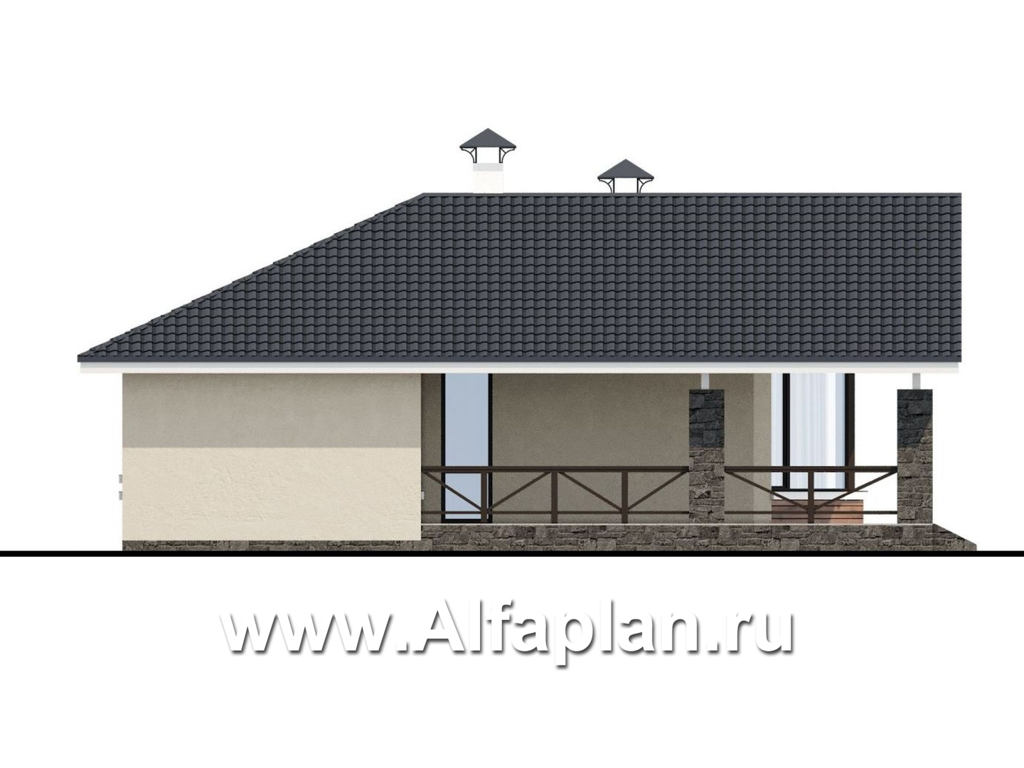 Проекты домов Альфаплан - «Яркий мир» - проект одноэтажного дома, с панорамным эркером, с просторной террасой - изображение фасада №3