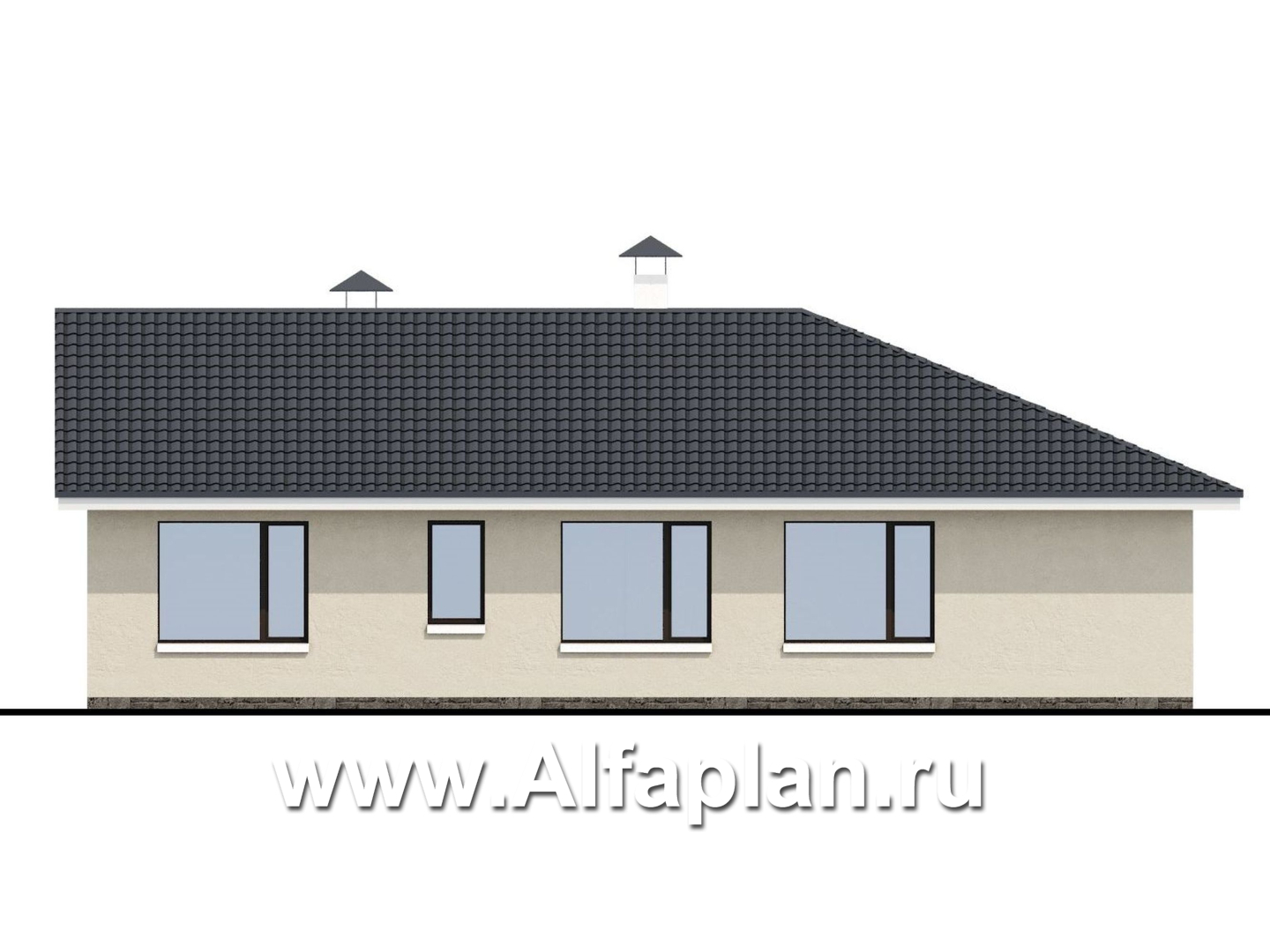 Проекты домов Альфаплан - «Яркий мир» - проект одноэтажного дома, с панорамным эркером, с просторной террасой - изображение фасада №4