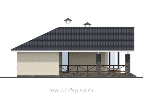 Проекты домов Альфаплан - «Яркий мир» - проект одноэтажного дома, с панорамным эркером, с просторной террасой - превью фасада №3