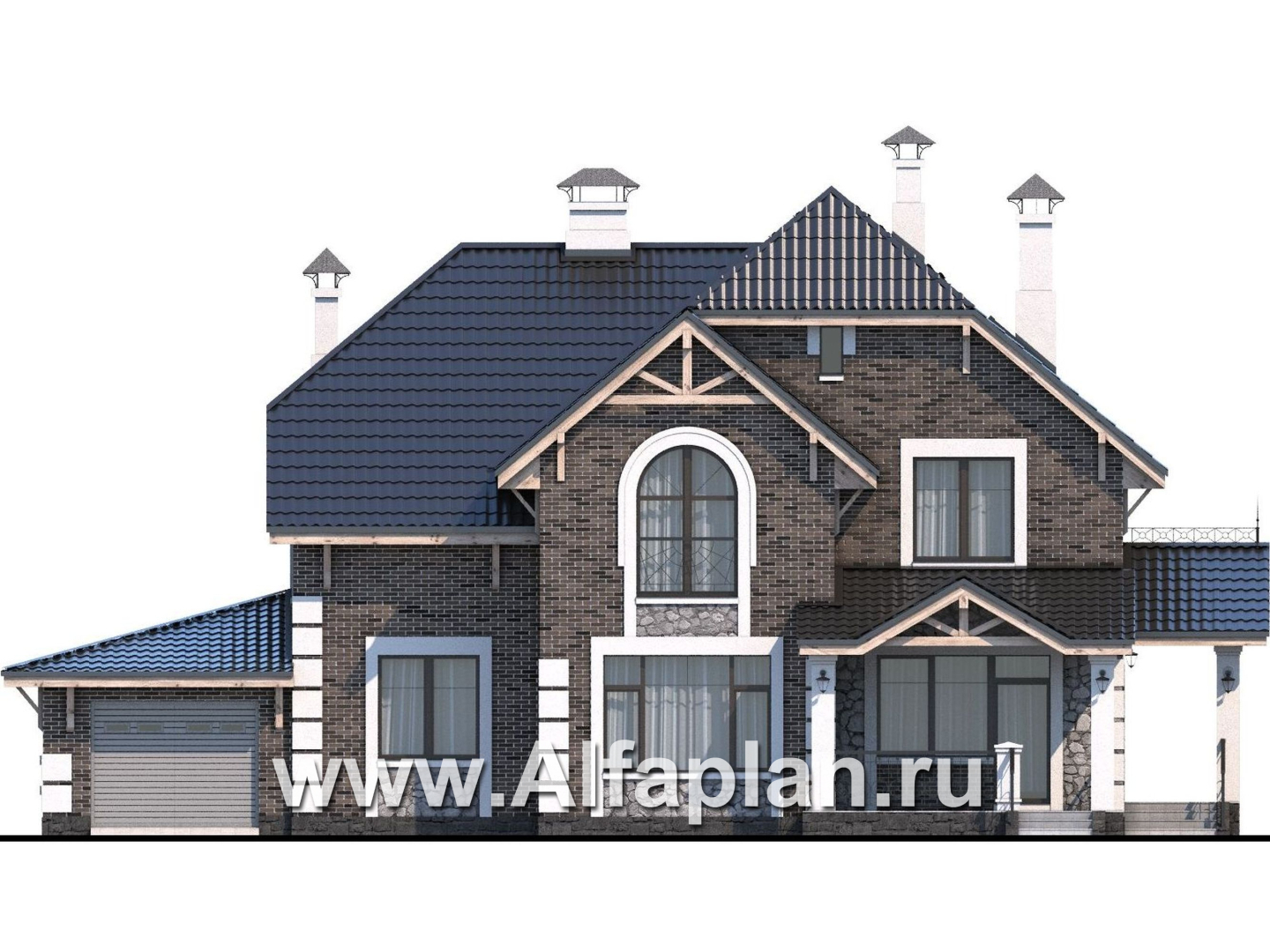 Проекты домов Альфаплан - «Ясная поляна»- коттедж для большой семьи с гаражом и бильярдной - изображение фасада №1