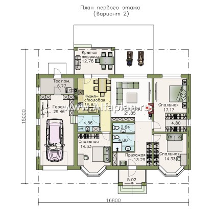 Проекты домов Альфаплан - "Новый свет" - проект одноэтажного дома с гаражом для небольшой семьи - превью плана проекта №2