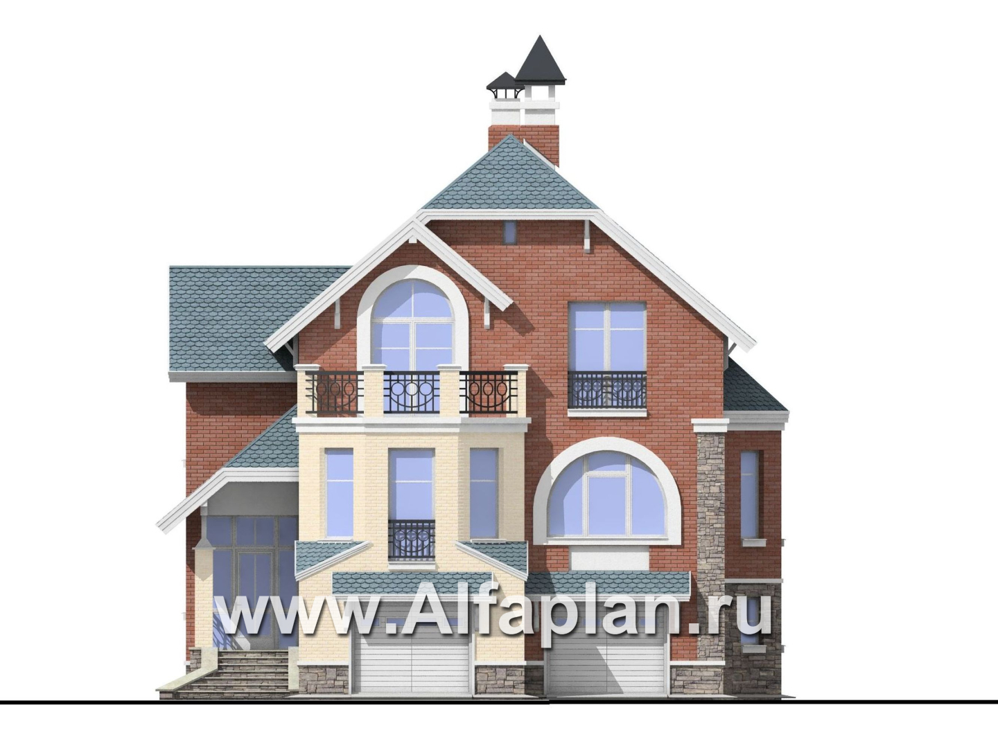 Проекты домов Альфаплан - «Корвет» - проект трехэтажного дома, с гаражом на 2 авто в цоколе, с эркером - изображение фасада №1