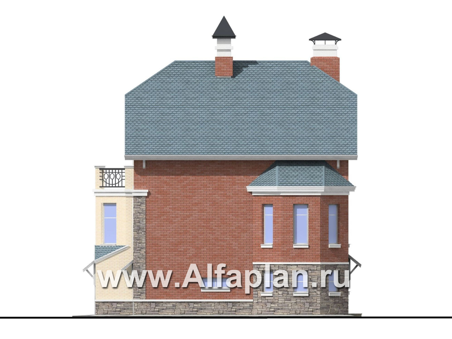 Проекты домов Альфаплан - «Корвет» - проект трехэтажного дома, с гаражом на 2 авто в цоколе, с эркером - изображение фасада №2