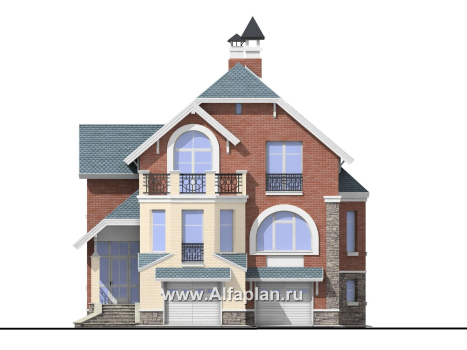 Проекты домов Альфаплан - «Корвет» - проект трехэтажного дома, с гаражом на 2 авто в цоколе, с эркером - превью фасада №1