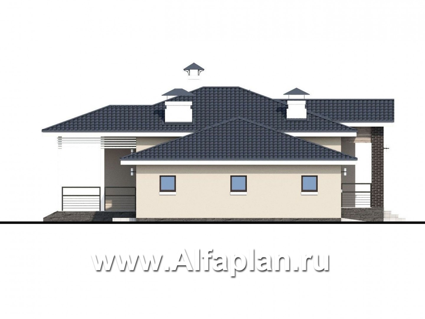 Проекты домов Альфаплан - «Бирюса» - одноэтажный коттедж для небольшой семьи, с теплым гаражом - изображение фасада №3