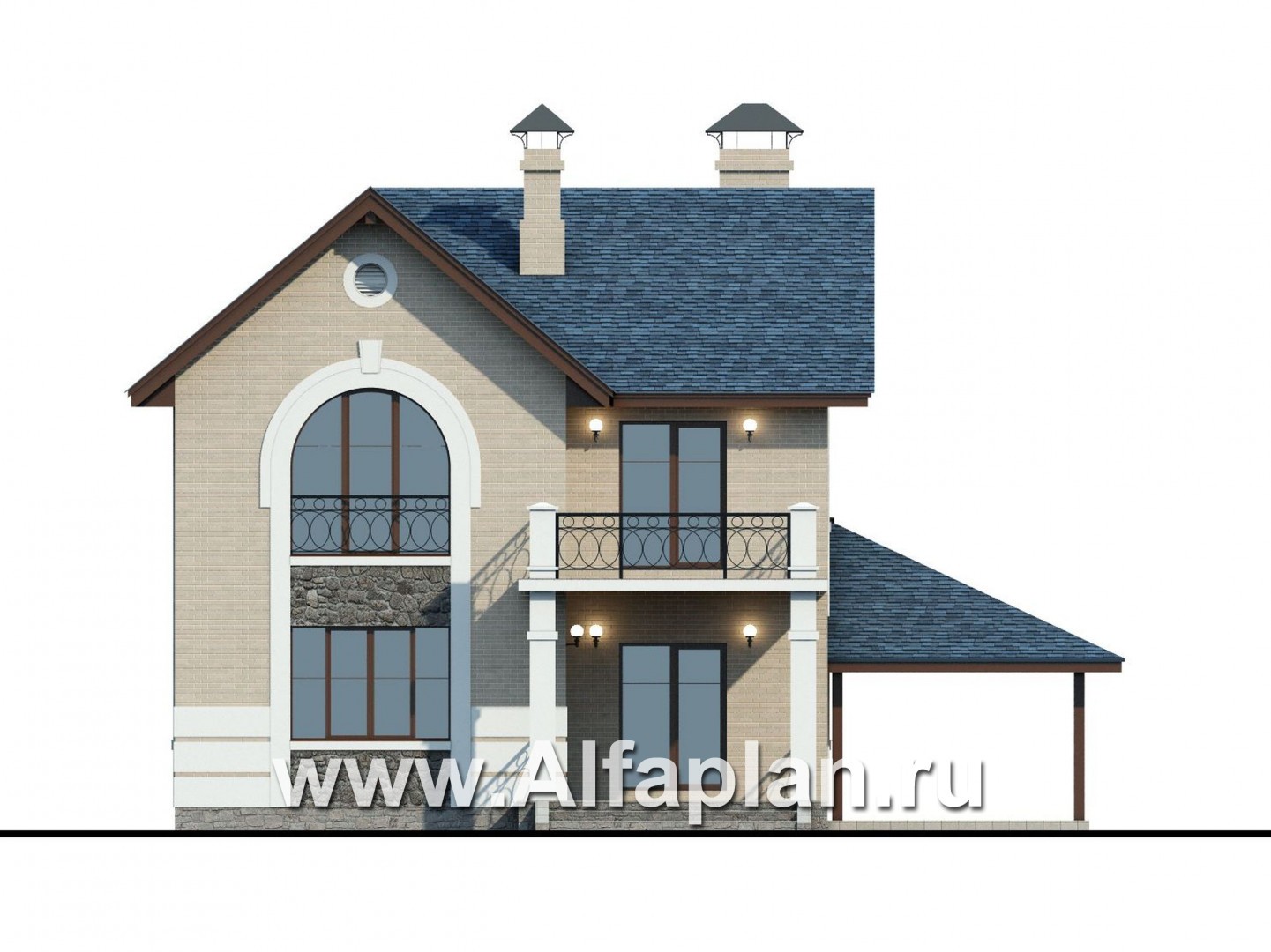 Проекты домов Альфаплан - «Монрепо» - компактный дом из блоков с гаражом-навесом - изображение фасада №4
