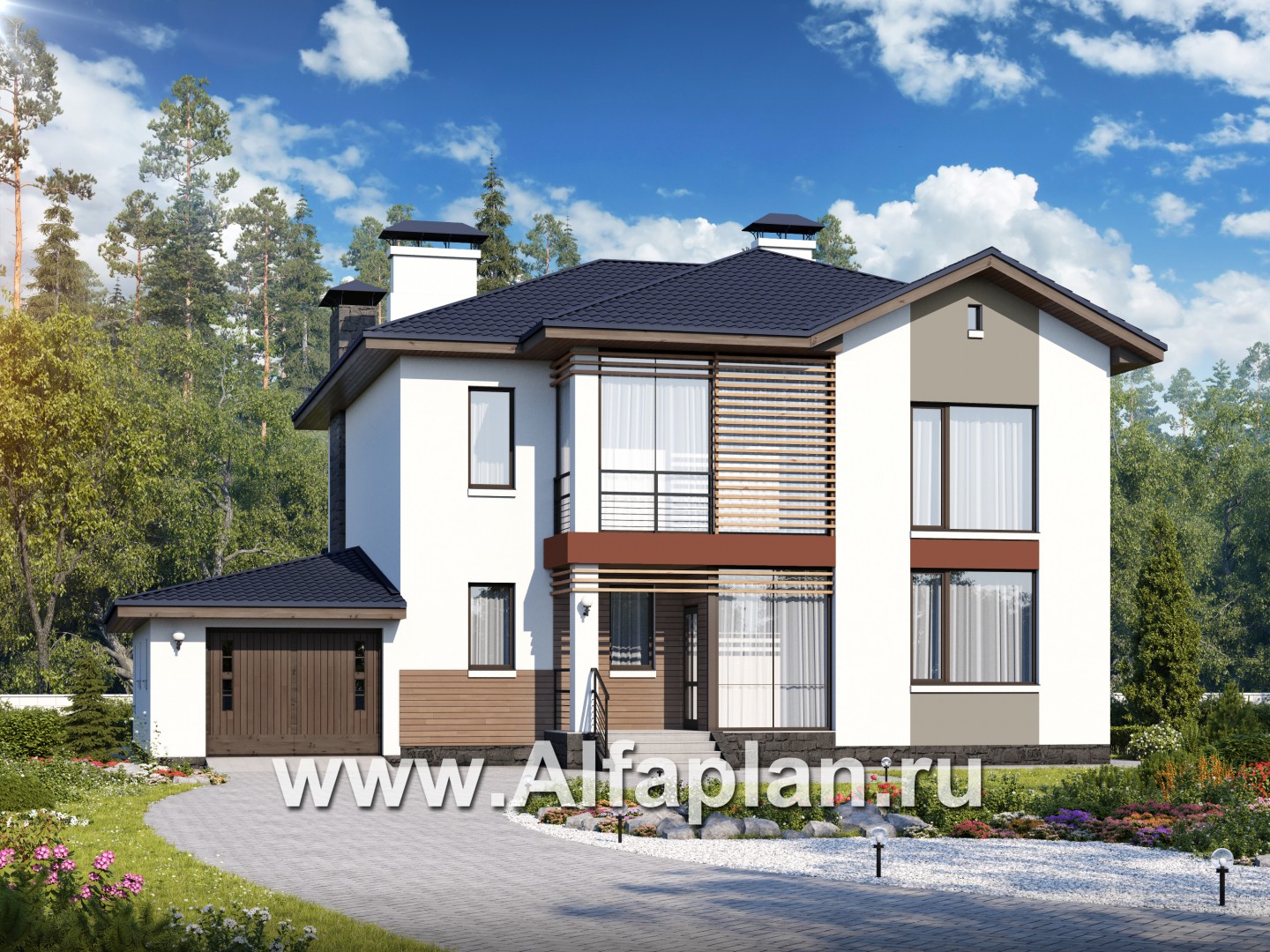 Проекты домов Альфаплан - «Седьмая высота» - современный коттедж с гаражом и просторной верандой - дополнительное изображение №2