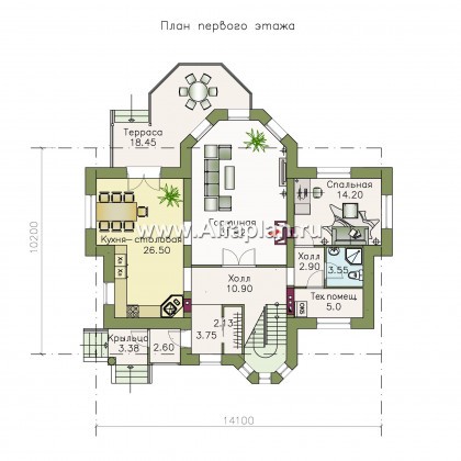 «Монплезир» - проект двухэтажного дома,с эркером и с террасой - превью план дома