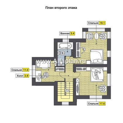 Проект двухэтажного дома, планировка с гостевой на 1 эт и 3 спальни, с большой угловой террасой - превью план дома