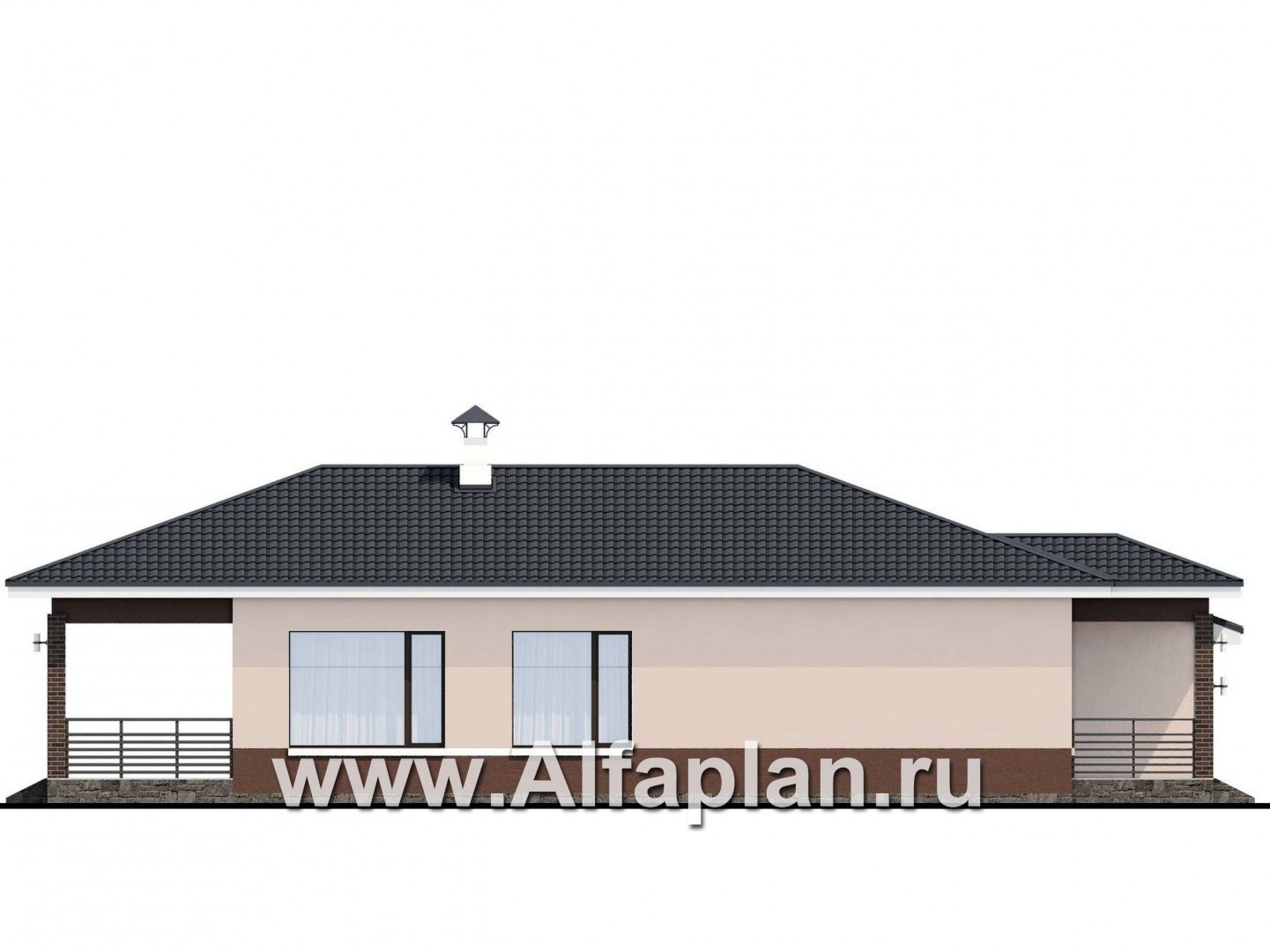 Проекты домов Альфаплан - «Каллиопа» - одноэтажный дом с террасой и гаражом (три спальни) - изображение фасада №3