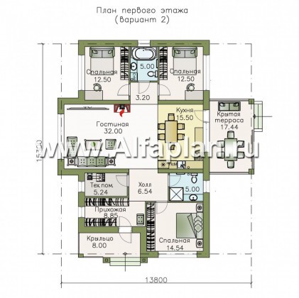 Проекты домов Альфаплан - «Урания» - современный одноэтажный коттедж с террасой - превью плана проекта №2